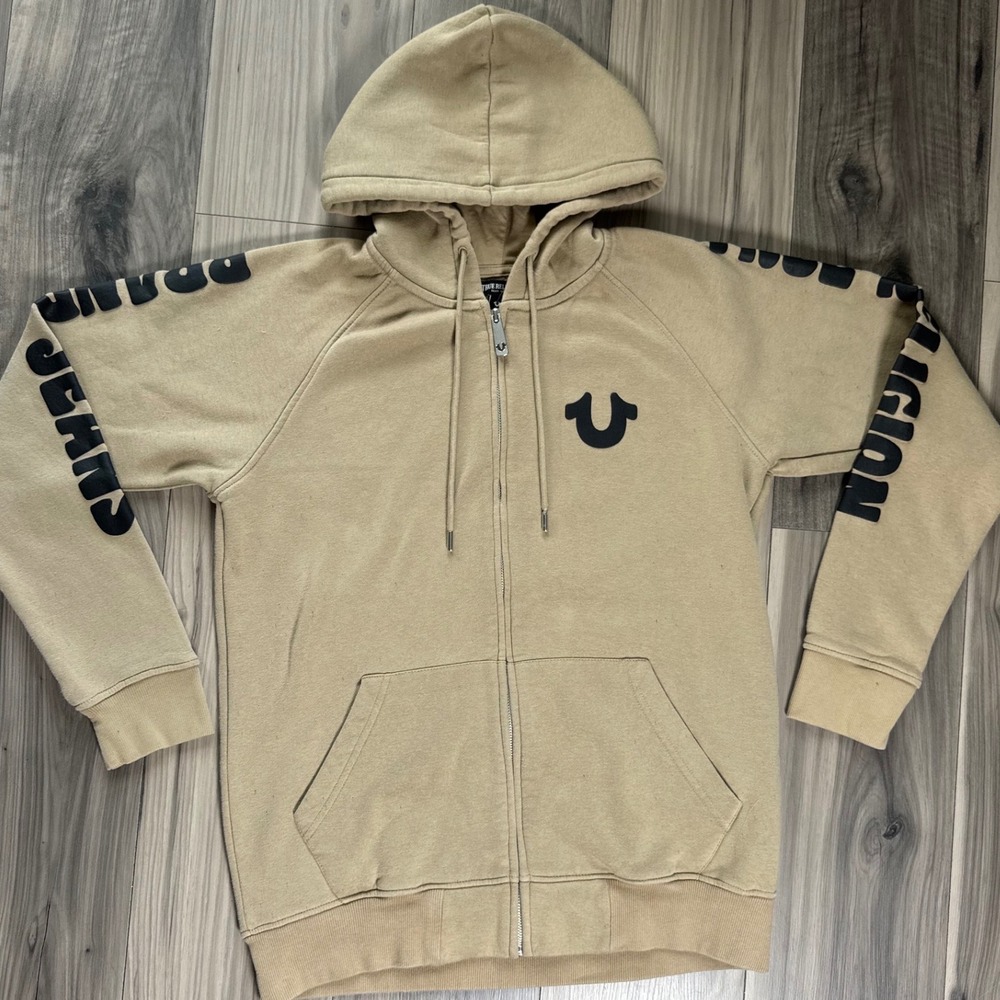 True Religion Mens Tan Horseshoe Logo Graphic Sleeve Full Zip Hoodie Small